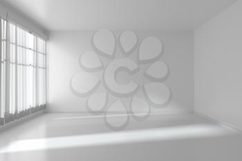 White empty room with white flat walls without textures, white parquet floor and window with white curtains, 3D illustration
