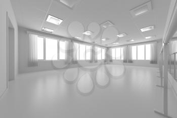 White empty training dance-hall with white flat walls without textures, white parquet floor, white ceiling with lamps and window with white curtains, 3D illustration