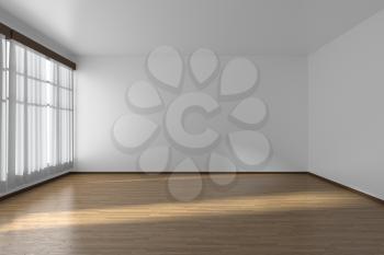 White empty room with white flat walls without textures, wooden parquet floor and window with white curtains, 3D illustration