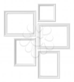 White blank photo frames isolated on white background, white colorless picture frames template set, photoframe mock-up 3D illustration