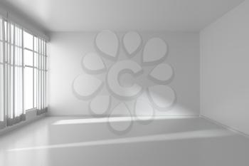 White empty room with white flat walls without textures, white parquet floor and window with white curtains, 3D illustration