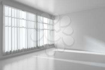 White empty room with white flat walls without textures, white parquet floor and window with white curtains diagonal view, 3D illustration