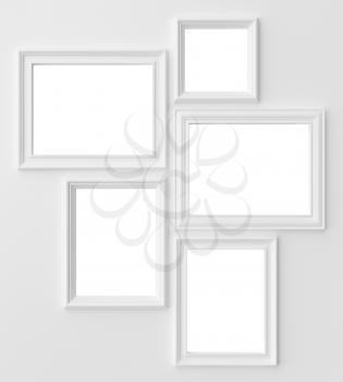 White blank photo frames on white wall with shadows with copy-space, white colorless picture frames template set, photoframe mock-up 3D illustration