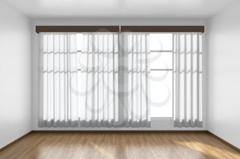 White empty room with white flat walls without textures, wooden parquet floor and window with white curtains front view, 3D illustration