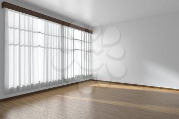 White empty room with white flat walls without textures, wooden parquet floor and window with white curtains diagonal view, 3D illustration