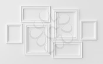 White blank photoframes on white wall with shadows, white colorless picture frames template set, photoframe mock-up 3D illustration