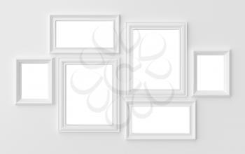White blank photo frames on white wall with shadows with copy-space, white colorless picture frames template set, photo frame mock-up 3D illustration
