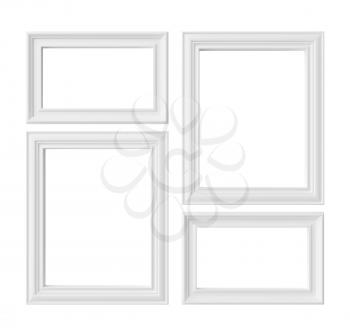White blank frames for photo isolated on white background, white colorless picture frames template set, photo frame mock-up 3D illustration