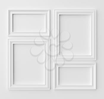 White blank frames for photo on white wall with shadows, white colorless picture frames template set, photo frame mock-up 3D illustration