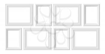 White blank photo or picture frames isolated on white background, white colorless picture frames template set, art frame mockup 3D illustration