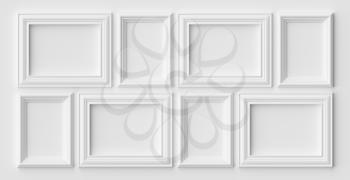 White blank photo or picture frames on the white wall with shadows, white colorless picture frames template set, art frame mock-up 3D illustration