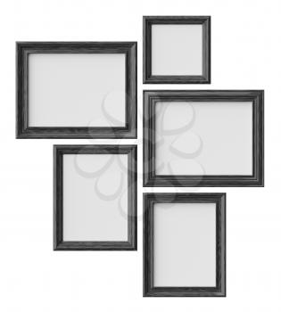 Black wood blank picture or photo frames isolated on white with shadows, decorative wooden picture frames template set, art frame mock-up 3D illustration