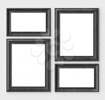 Black wood blank frames for picture or photo on white wall with shadows with copy-space, decorative wooden picture frames template set, art frame mock-up 3D illustration