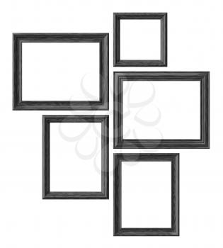 Black wood blank picture or photo frames isolated on white background, decorative wooden picture frames template set, art frame mock-up 3D illustration