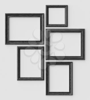 Black wood blank picture or photo frames on white wall with shadows, decorative wooden picture frames template set, art frame mock-up 3D illustration