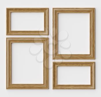 Wood blank frames for picture or photo on white wall with shadows, decorative wooden picture frames template set, art frame mock-up 3D illustration