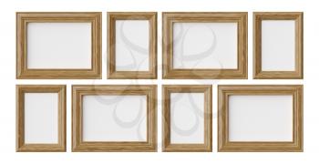 Wooden blank frames for picture or photo isolated on white with shadows, decorative wooden picture frames template set, art frame mock-up 3D illustration