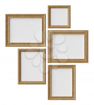 Wood blank picture or photo frames isolated on white with shadows, decorative wooden picture frames template set, art frame mock-up 3D illustration