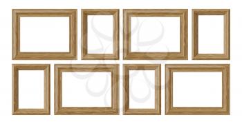 Wooden blank frames for picture or photo isolated on white background, decorative wooden picture frames template set, art frame mock-up 3D illustration