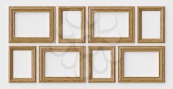 Wooden blank frames for picture or photo on white wall with shadows, decorative wooden picture frames template set, art frame mock-up 3D illustration