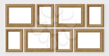 Wooden blank frames for picture or photo on white wall with shadows with copy-space, decorative wooden picture frames template set, art frame mock-up 3D illustration