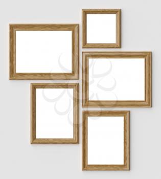 Wood blank picture or photo frames on white wall with shadows with copy-space, decorative wooden picture frames template set, art frame mock-up 3D illustration