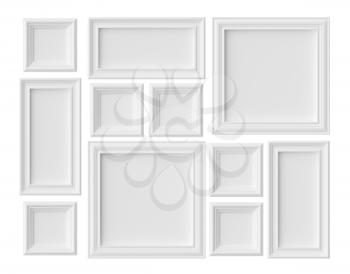 White blank picture or photo frames isolated on whitel with shadows, white colorless picture frames template set, art frames mock-up 3D illustration