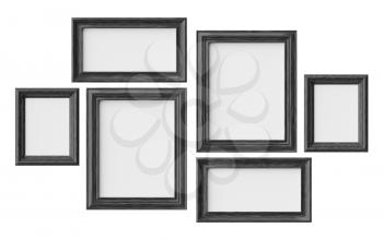 Black wooden blank picture or photo frames isolated on white with shadows, decorative wooden picture frames template set, art frame mock-up 3D illustration