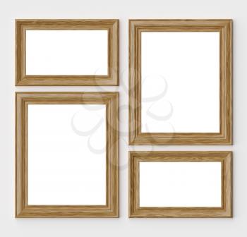 Wood blank frames for picture or photo on white wall with shadows with copy-space, decorative wooden picture frames template set, art frame mock-up 3D illustration