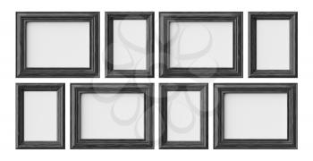 Black wooden blank frames for picture or photo isolated on white with shadows, decorative wooden picture frames template set, art frame mock-up 3D illustration