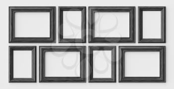 Black wooden blank frames for picture or photo on white wall with shadows, decorative wooden picture frames template set, art frame mock-up 3D illustration