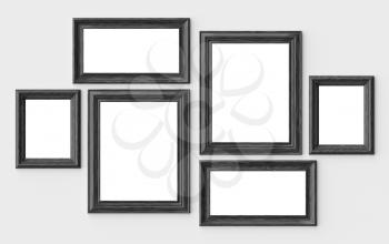 Black wooden blank picture or photo frames on white wall with shadows with copy-space, decorative wooden picture frames template set, art frame mock-up 3D illustration
