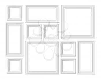 White blank picture or photo frames isolated on white background, white colorless picture frames template set, art frame mockup 3D illustration