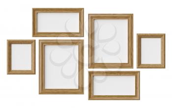 Wooden blank picture or photo frames isolated on white with shadows, decorative wooden picture frames template set, art frame mock-up 3D illustration