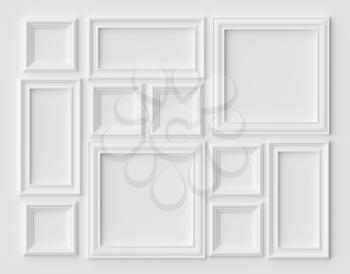 White blank picture or photo frames on the white wall with shadows, white colorless picture frames template set, art frame mock-up 3D illustration