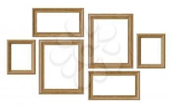 Wooden blank picture or photo frames isolated on white background, decorative wooden picture frames template set, art frame mock-up 3D illustration