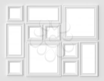 White blank picture or photo frames on the white wall with shadows with copy-space, white colorless picture frames template set, art frame mock-up 3D illustration