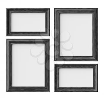 Black wood blank frames for picture or photo isolated on white with shadows, decorative wooden picture frames template set, art frame mock-up 3D illustration