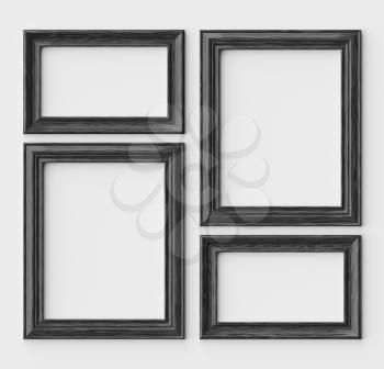 Black wood blank frames for picture or photo on white wall with shadows, decorative wooden picture frames template set, art frame mock-up 3D illustration