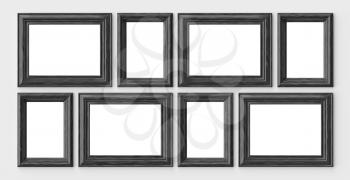 Black wooden blank frames for picture or photo on white wall with shadows with copy-space, decorative wooden picture frames template set, art frame mock-up 3D illustration
