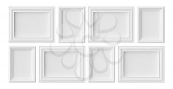 White blank photo or picture frames isolated on white with shadows, white colorless picture frames template set, art frame mockup 3D illustration