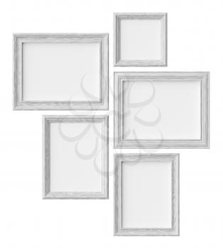 White wood blank picture or photo frames isolated on white with shadows, decorative wooden picture frames template set, art frame mock-up 3D illustration
