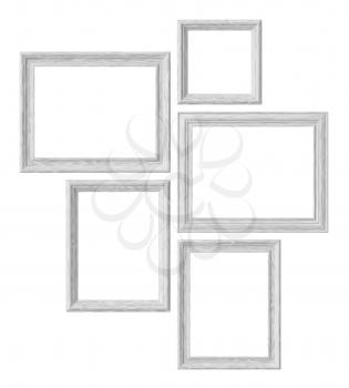 White wood blank picture or photo frames isolated on white background, decorative wooden picture frames template set, art frame mock-up 3D illustration