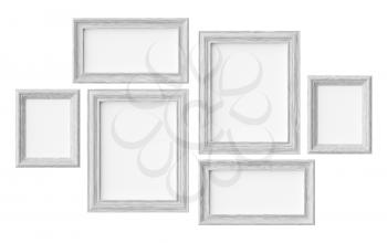 White wooden blank picture or photo frames isolated on white with shadows, decorative wooden picture frames template set, art frame mock-up 3D illustration