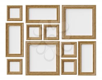 Wood blank photo or picture frames isolated on white with shadows, decorative wooden picture frames template set, art frame mock-up 3D illustration