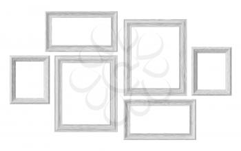 White wooden blank picture or photo frames isolated on white background, decorative wooden picture frames template set, art frame mock-up 3D illustration