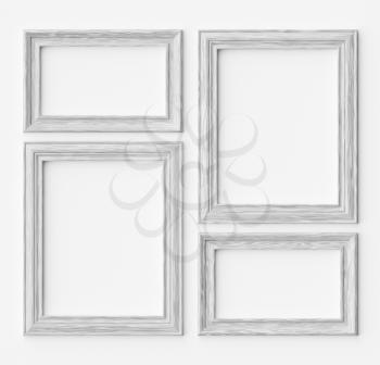 White wood blank frames for picture or photo on white wall with shadows, decorative wooden picture frames template set, art frame mock-up 3D illustration