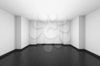 Empty room with white ceiling and walls and black wooden parquet floor and soft light, simple minimalist interior architecture background with copy-space, 3d illustration