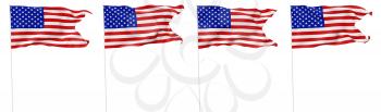 National flag of United States of America with stars and stripes with flagpole with angle flying and waving in wind isolated on white, 3d illustration set.
