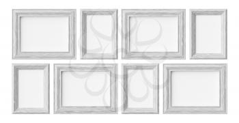 White wooden blank frames for picture or photo isolated on white with shadows, decorative wooden picture frames template set, art frame mock-up 3D illustration